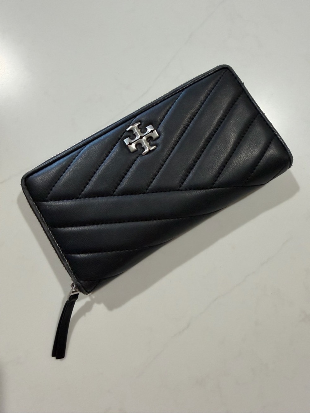 Tory Burch Black Quilted Zip-Around Wallet with Silver Logo